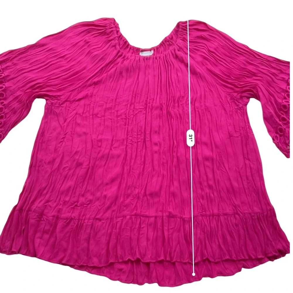 Catherines Peasant Top Womens 2X Magenta Crinkle Eyelet Lace Boho Blouse
